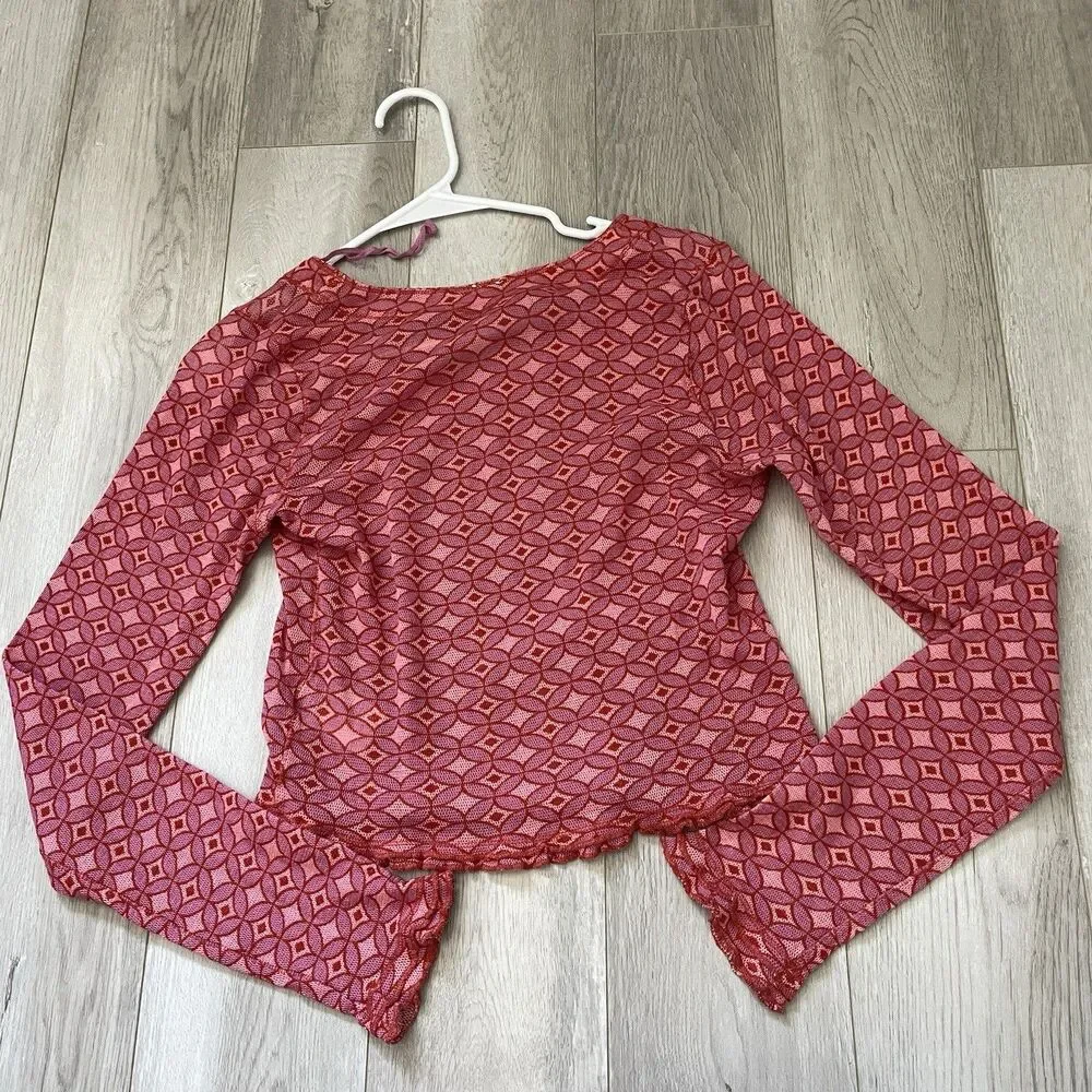 Free People Top geometric print mesh crop long sleeve womens Red small layering